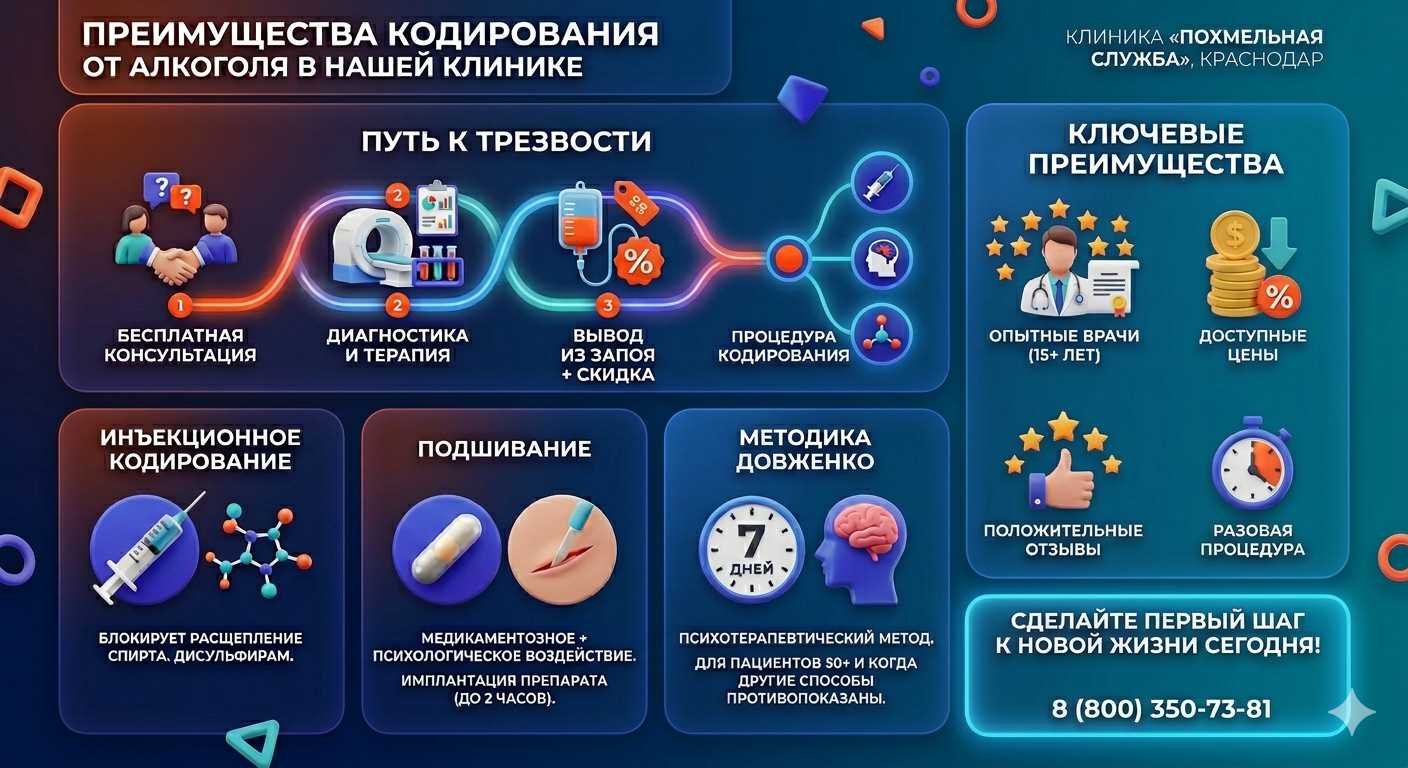 Инфографика о методах кодирования от алкоголя в Чебаркуле: инъекции, подшивание, метод Довженко. Преимущества клиники и этапы лечения.
