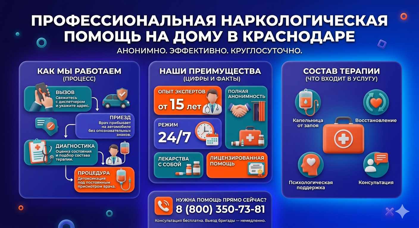 Инфографика о принципах лечения алкоголизма на дому в Чебаркуле: этапы вызова нарколога, преимущества анонимной детоксикации и состав медицинской помощи.